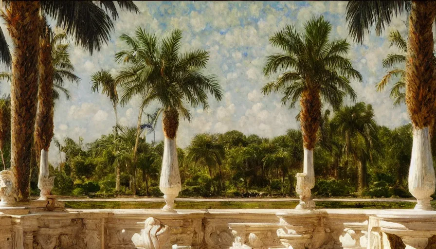 Image similar to a ultradetailed beautiful painting of an old fountain in the amazonas palace balustrade designed by jules bastien - lepage, tarsila do amaral, frank weston and gustave baumann, beach, trending on artstation, mediterranean, palm trees, sharp focus, soft light, 8 k 4 k