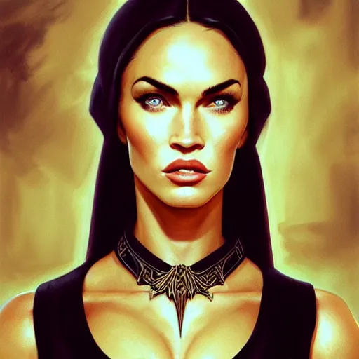 Image similar to portrait of megan fox, muscular upper body, collared, greek, jewelry, black dress, fantasy, intricate, elegant, highly detailed, digital painting, artstation, concept art, matte, sharp focus, illustration, art by aenaluck and roberto ferri and greg rutkowski, epic fantasy, digital painting