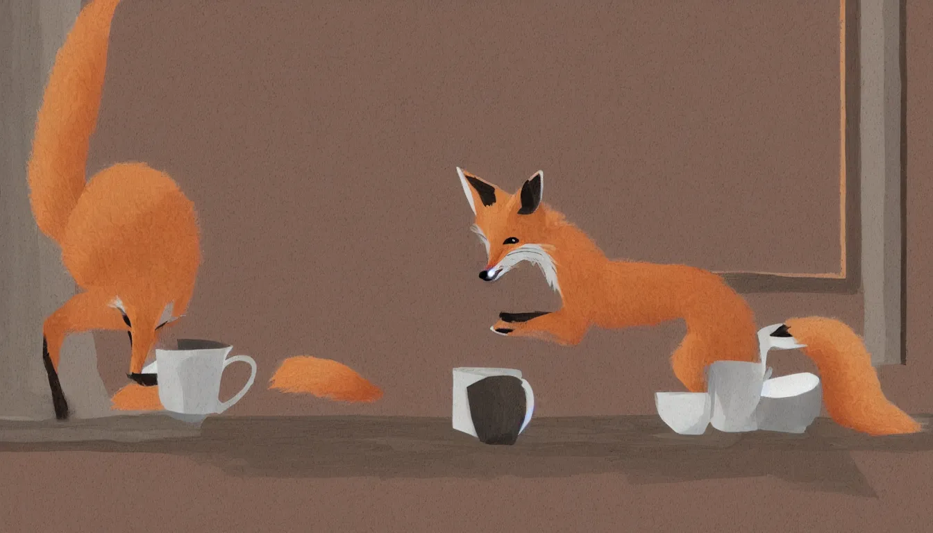 Prompt: A fox sipping a cup of tea near a window, furry art, digital art