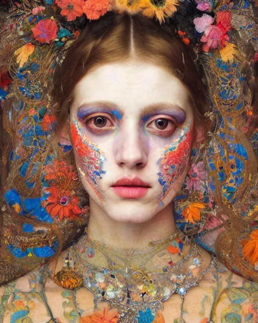 Image similar to a beautiful girl wearing colourful face paint surrounded by bright intricate patterns, by edgar maxence and caravaggio and michael whelan, intricate painting, hyper realistic, extremely detailed and beautiful aesthetic face, 8 k resolution