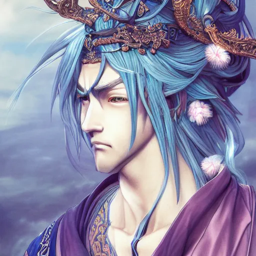 Prompt: an immortal xianxia cultivator with long blue hair as an absurdly handsome, elegant, young anime man, ultrafine hyperrealistic detailed face illustration by kim jung gi, irakli nadar, intricate linework, sharp focus, bright colors, matte, final fantasy, unreal engine highly rendered, global illumination, radiant light, intricate environment