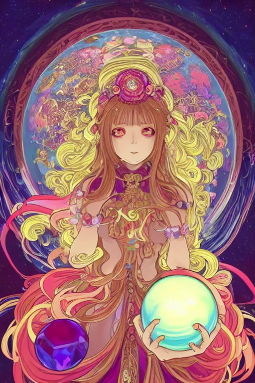 Image similar to psychedelic, intricate, highly detailed, anime, 4k, beautiful seductive slime monstergirl holding a huge orb containing the universe, with professional makeup, long trippy hair, surrounded by gems, underneath the stars, trending on patreon, deviantart, twitter, artstation, volumetric lighting, heavy contrast, by artgerm and Ilya Kuvshinov and alphonse mucha, interstellar galaxy