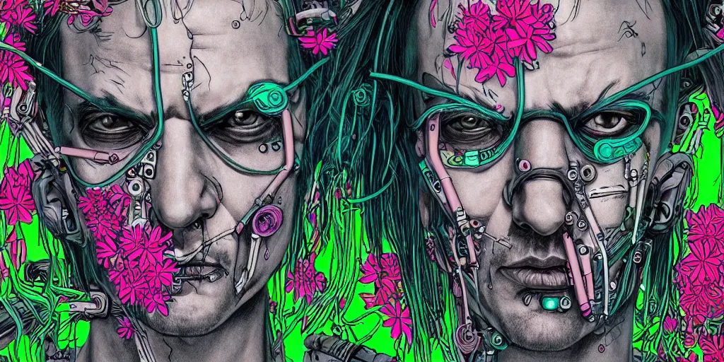 Prompt: risograph grainy drawing cyberpunk antagonist face wearing cyberpunk accessories, bright colors, with huge piercings, face covered with plants and flowers, by moebius and satisho kon and dirk dzimirsky close - up portrait, hyperrealistic