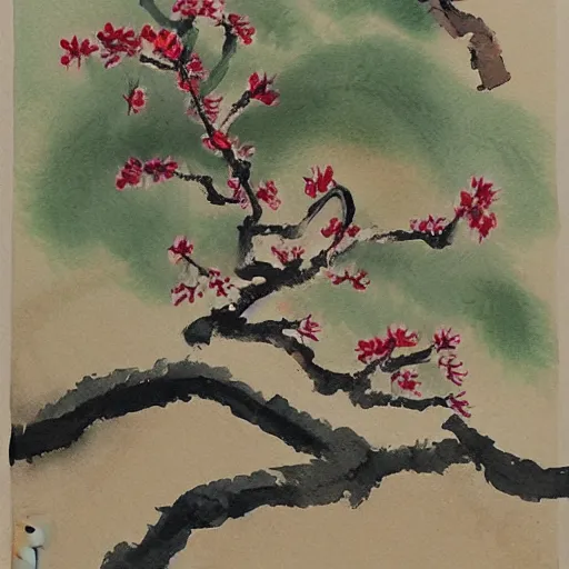 Prompt: watercolor painting of plum tree by kano sanraku