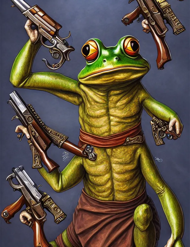 Prompt: anthropomorphic bipedal frog that is dressed as a medieval librarian, and dual wielding revolver pistols, as a matte oil painting and d & d character art, by alex grey, fantasy, standing, fullbody, ornate, gears, concept art, award - winning, extremely detailed, sharp focus