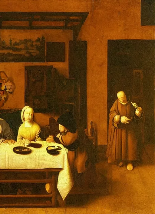 Image similar to a candlelit table at the inn, two people sitting at the table, swirling smoke, dark smoke, realistic, in the style of leonardo da vinci, dutch golden age, amsterdam, medieval painting by jan van eyck, johannes vermeer, florence