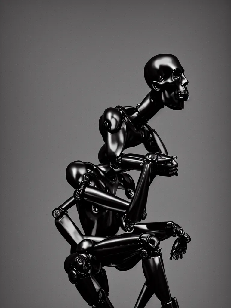 Prompt: the thinker sculpture as an I Robot, black paper, by mario feng, skulls, ray tracing, master shot, octane render, 8k, ultra hd, perfect light