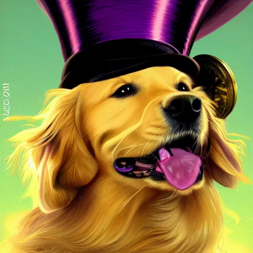 Prompt: close portrait of golden retriever dog, wearing a top hat, wearing a monocle over one eye, smiling, vaporwave, highly detailed, digital painting, artstation, concept art, smooth, sharp focus, illustration, art by artgerm and greg rutkowski and alphonse mucha