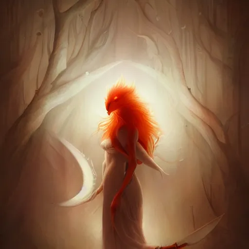 Image similar to prompt A beautiful portrait of a white red orange kumiho, backlit, concept art, matte painting, by Peter Mohrbacher