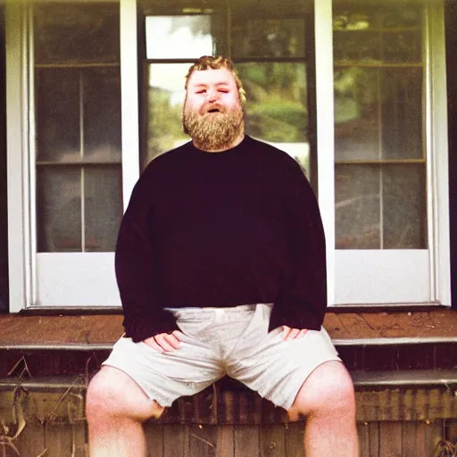 Image similar to close up portrait of fat redneck man sitting on front porch of house, award winning, kodak gold 2 0 0,