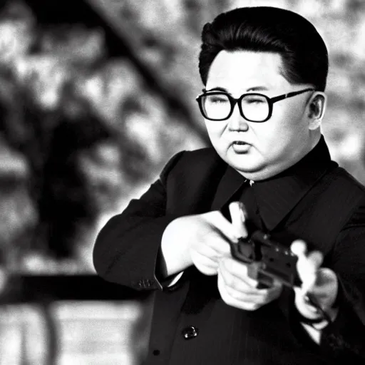 Image similar to Kim Jong-il in the role of James Bond, action filmstill, 1960s spy, Walther PPK