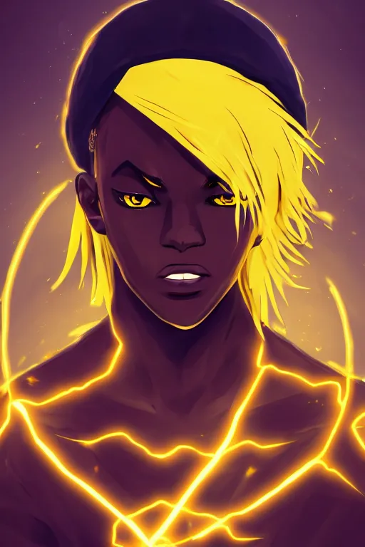 Image similar to golden glowing black male anime character, blonde hair, yellow eyes, symmetrical, highly detailed, digital art, sharp focus, trending on art station, crazy hair, electricity everywhere