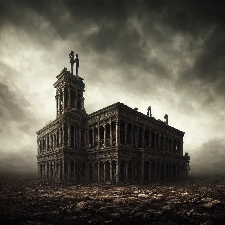 Image similar to ribbed abandoned giant building, baroque painting, standing in a desolate empty wasteland, creepy, nightmare, dream-like heavy atmosphere, surreal abandoned buildings, beautiful detailed intricate insanely detailed octane render trending on Artstation, 8K artistic photography, photorealistic, chiaroscuro, Raphael, Caravaggio, Beksinski, Giger