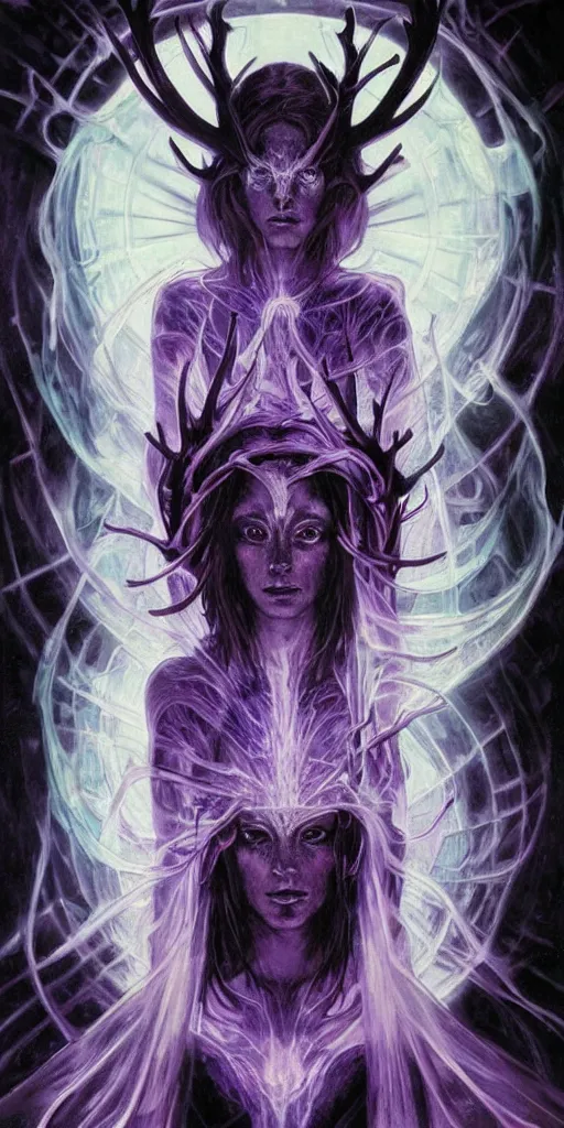 Prompt: intense roaring glowing black metal pagan god with antlers and veins and intense glowing eyes in very dark cosmic space by karol bak and artgerm and alphonse mucha, portrait, fantasy, clear, light beams, lens flare, intense, uhd, amazing depth, cinematic lighting, purple and violet and indigo and blue