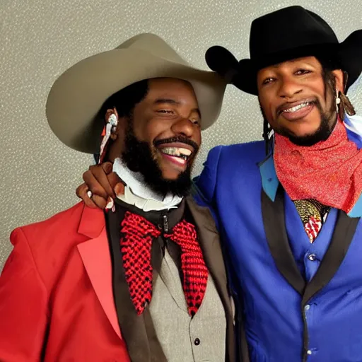 Image similar to king von laugh with fbg dug ( circa 1 9 0 1 ) in cowboy suit, theyre used red and blue bandana