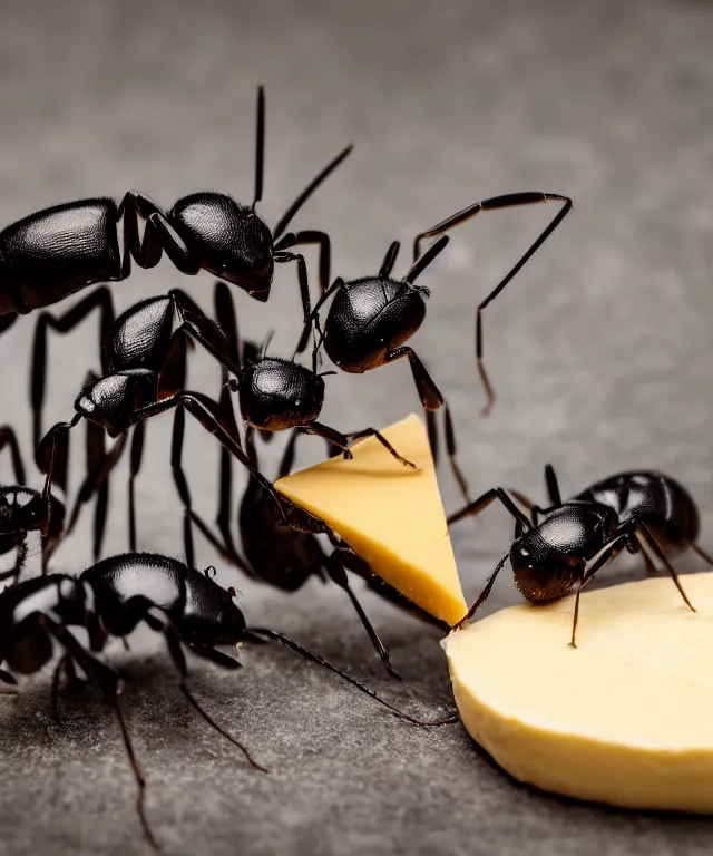 Image similar to high quality presentation photo of cute anthropomorphic black ants eating cheese, photography 4k f1.8 anamorphic bokeh 4k Canon Nikon