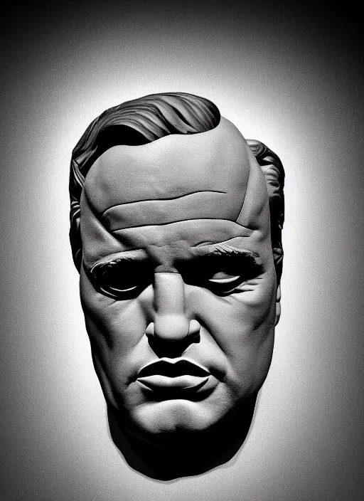 Prompt: symmetry!! perfectly centred realistic portrait of marlon brando from godfather, sculpture made from concrete, dark background, highly detailed, sharp focus, 8 k, illustration, dramatic light,