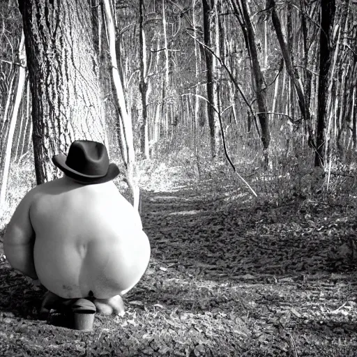 Image similar to trail cam footage nighttime black and white of fat man with fedora