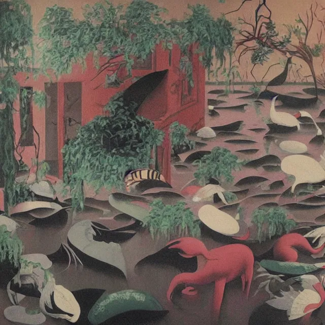 Image similar to tall female emo vegan socialist artist in their flooded apartment, painting of flood waters inside an artist's home, a river flooding indoors, pomegranates, pigs, ikebana, zen, water, octopus, river, rapids, waterfall, black swans, canoe, berries, acrylic on canvas, surrealist, by magritte and monet