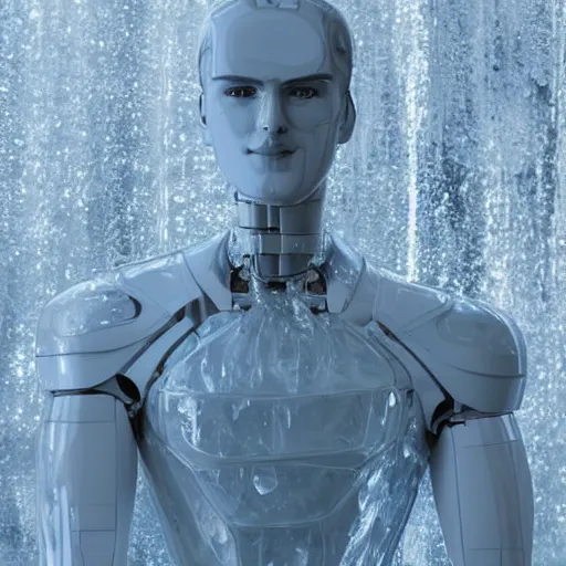 Image similar to made of ice, a realistic detailed photo of a guy who is an attractive humanoid who is half robot and half humanoid, who is a male android, on display, blank stare, showing off his muscles, shiny skin, posing like a statue, by the pool, frozen ice statue, f 1 driver max verstappen, humanoid robot