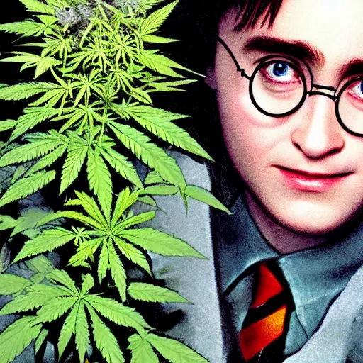 Image similar to harry potter holding a long joint, surrounded by weed plants, jungle of weed plants, red fire eyes, realistic