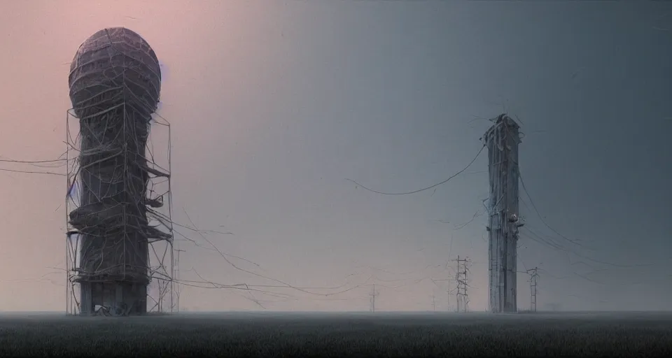 Image similar to One Derelict Radio Tower surreal landscape, rendered by zdzisław beksiński, simon stålenhag, Beeple, environment concept, digital art, starwars, unreal engine, 3 point perspective, WLOP, trending on artstation, low level, 4K UHD image, octane render,
