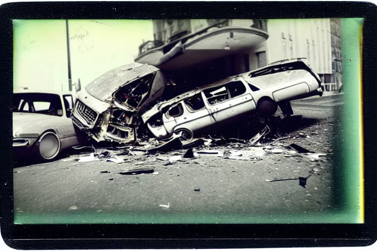 Image similar to old polaroid of a retro futurist car crash, people on the road