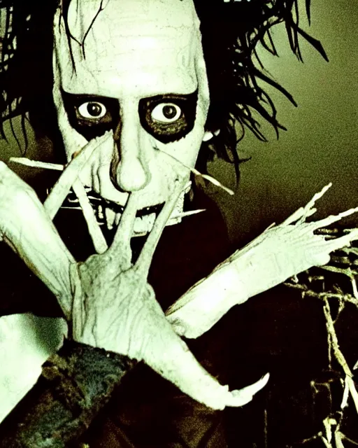 Prompt: a cursed image of edward scissorhands in a dark, closed swimming pool, really scary, looking this way.