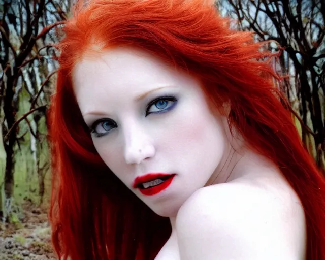 Image similar to award winning 5 5 mm close up face portrait photo of an anesthetic and beautiful redhead vampire lady who looks directly at the camera with bloodred wavy hair, intricate eyes that look like gems, and long fangs, in a park by luis royo. rule of thirds.