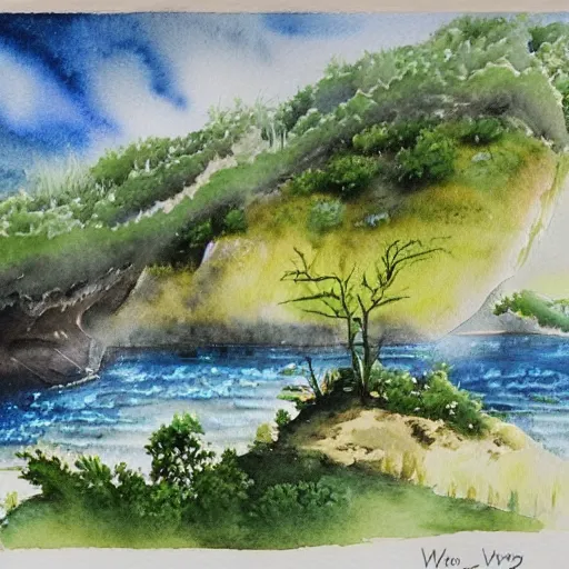 Image similar to detailed watercolor of a lush natural scene on an alien planet by stephen wong. beautiful landscape. weird colourful vegetation. cliffs and water.