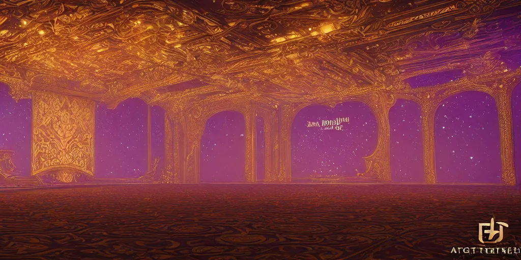 Image similar to high fantasy ballroom stage design, trending on Artstation, regal seating, intricate cosmic illustrations, 8k Unreal Engine 5 render, rule of thirds, immersive starry ceiling, floral architecture