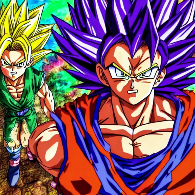 Image similar to super saiyan in the style of jojo's bizarre adventure, ultrafine hyperrealistic detailed face illustration by kim jung gi, akira toriyama, intricate linework, sharp focus, bright colors, matte, octopath traveler, final fantasy, unreal engine highly rendered, global illumination, radiant light, intricate rainbow environment