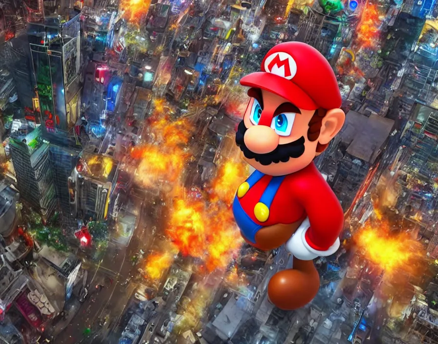 Image similar to giant mario destroying the city in japan, realistic 3 d, hd, hdr, ue 5, ue 6, unreal engine 5, cinematic 4 k wallpaper, 8 k, ultra detailed, by popular digital, details, beautiful image ever created, high resolution, artstation, award winning