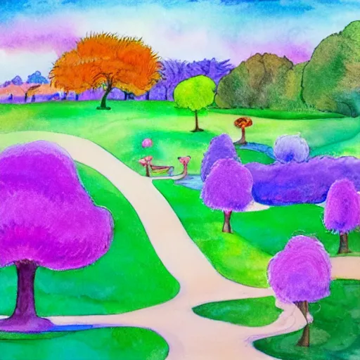 Image similar to a landscape with a purple sun with cotton candy trees flying ducks, the lorax, water color