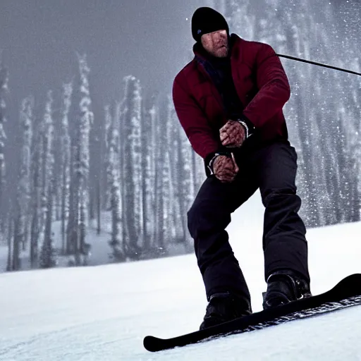 Prompt: jason statham skiing, angry, full body shot, cinematic lighting, studio quality