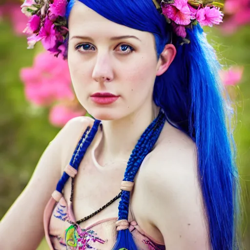 Image similar to dslr photo of a pretty young woman, full bodied portrait, with blue hair, sitting on a bench wearing a flower skirt, and body and wearing hemp sandals and a very detailed faerie necklace around neck, very high quality face, intricate details, extremely high quality, moody lighting, real camera, real photo 8 k, full subject in shot