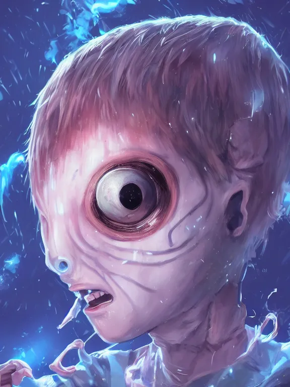 Prompt: Full shot of Kpop Cyclops idol with no face and an eyeball instead of head performing on stage. Orb Head. Sphere Head. Eyeball Head. Eye exam. Friendly horror. Realistic. Cryptid. Key Art. Fantasy Illustration. award winning, Artstation, intricate details, Hyperdetailed, 8k resolution.