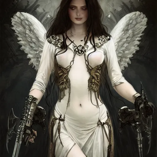 Image similar to Gothic girl angel with Warhammer 40000 armor, dark fantasy, intricate, elegant, highly detailed, digital painting, artstation, concept art, character design, smooth, sharp focus, illustration, art by artgerm and greg rutkowski and alphonse mucha