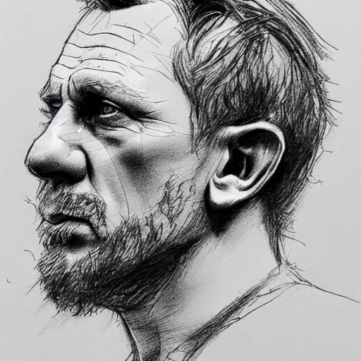 Prompt: a realistic yet scraggly portrait sketch of the side profile of a stern and sophisticated daniel craig, trending on artstation, intricate details, in the style of frank auerbach, in the style of sergio aragones, in the style of martin ansin, in the style of david aja, in the style of mattias adolfsson