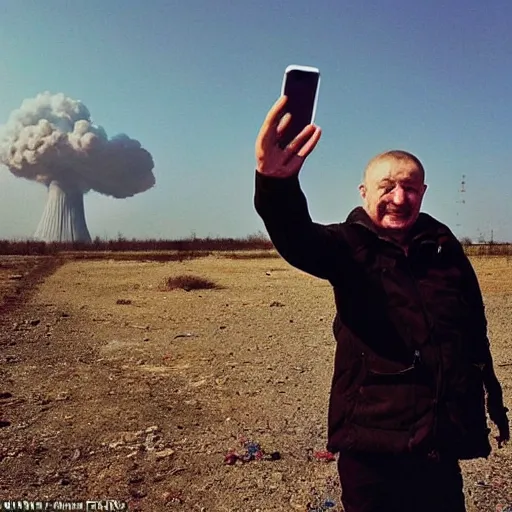 Image similar to last selfie of last alive funny scared ukrainian very damaged body to bones, bleeding running from nuclear explosion, big nuclear explosion at background