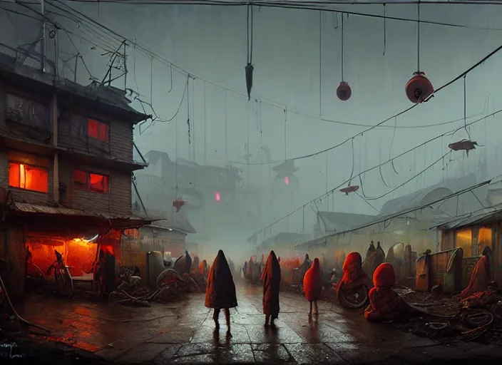 Prompt: waiting in line for cold soup by simon stalenhag and gil elvgren and tom bagshaw and marc simonetti and jan miense molenaer, slums, highly detailed, hyperrealism, dreary, cold, cloudy, grey, smog, high contrast, solarpunk, futurepunk, high saturation, intricate complexity