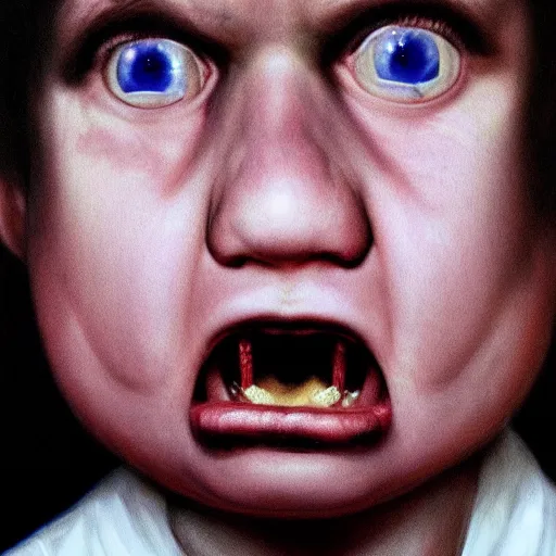 Image similar to high quality high detail painting by gottfried helnwein and juan francisco casas, hd, portrait of a dangerous psychopath, intense demonic look in the eyes, photorealistic lighting