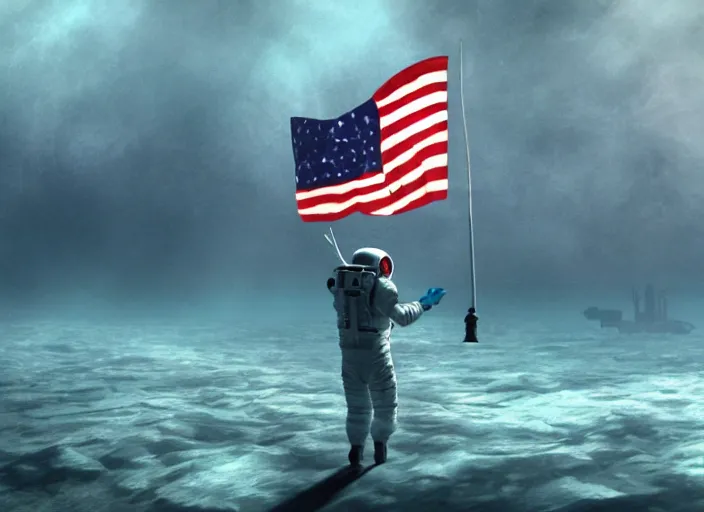 Image similar to astronaut holding a flag in an underwater desert. a submarine is visible in the distance. dark, concept art, cinematic, dramatic, atmospheric, 8 k, trending on artstation, blue, fish, low visibility, fog, ocean floor, christopher nolan, interstellar