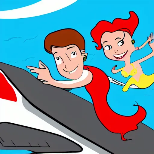 Image similar to handsome brunette pilot and red haired mermaid flying in a cessna airplane, style of Jetsons, cartoon,