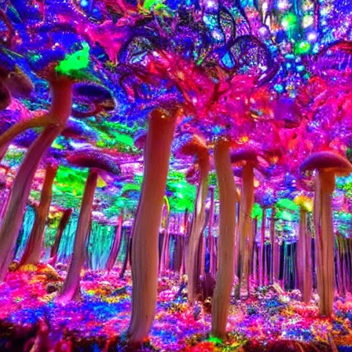 Prompt: hello Mushrooms covering the inside of prismatic jungle, fairy dust in the air