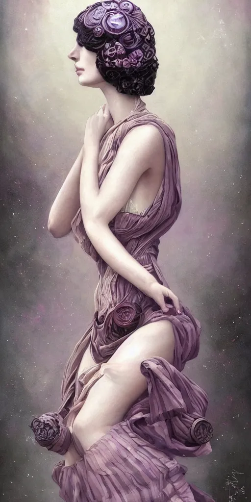 Image similar to a beautiful hyperrealistic solarpunk portrait pose of a stunning Art Deco model in a striped mauve-and-soot dress, intricate, elegant, highly detailed, smooth, sharp focus, award-winning, masterpiece, in the style of Tom Bagshaw, Cedric Peyravernay, Peter Mohrbacher