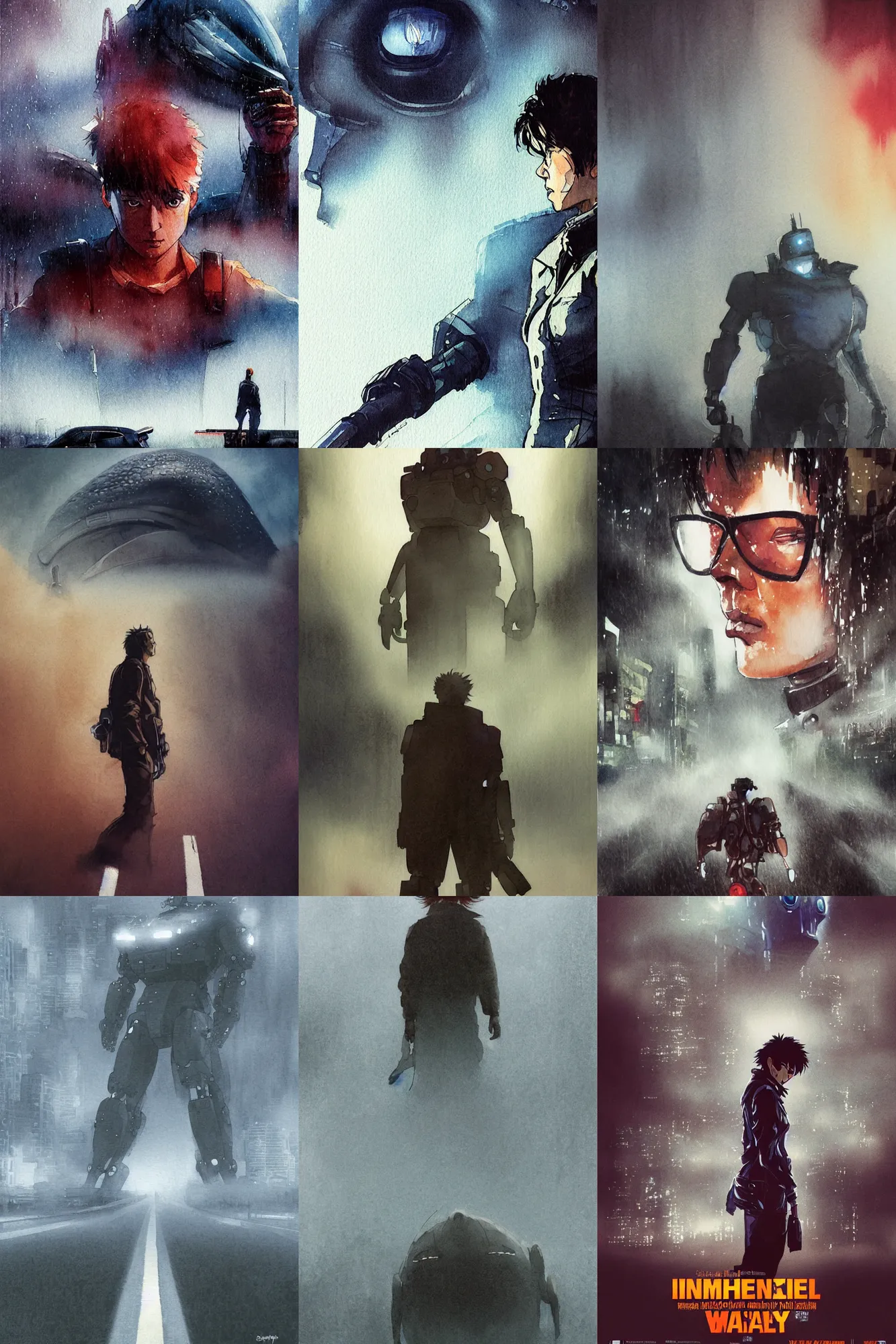 Prompt: incredible movie poster, simple watercolor, fish eye lens, curvilinear perspective, yoji shinkawa, kastuhiro otomo, giant broken robot in the fog, foggy heavy rain, downpour, movie scene close up emotional miss Kusanagi face, short bob hair, wet highway chase, foggy lights, brown mud, dust, giant whale tank with legs, robot arm, emotional face shot ,light rain, glowing atari sign, japanese advertisements on buildings, hd, 4k, remaster, dynamic camera angle, deep 3 point perspective, fish eye, dynamic scene