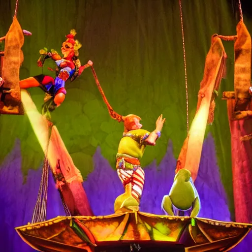 Prompt: shrek on a trapeze, swinging midair, at a cirque du soleil show, stage lighting, action shot, 4 k, high res