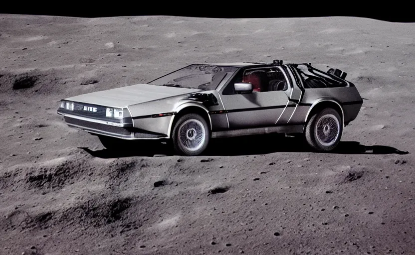 Prompt: a delorean on the moon taken from a super 8 camera, realistic, photoreal, 8 0 s