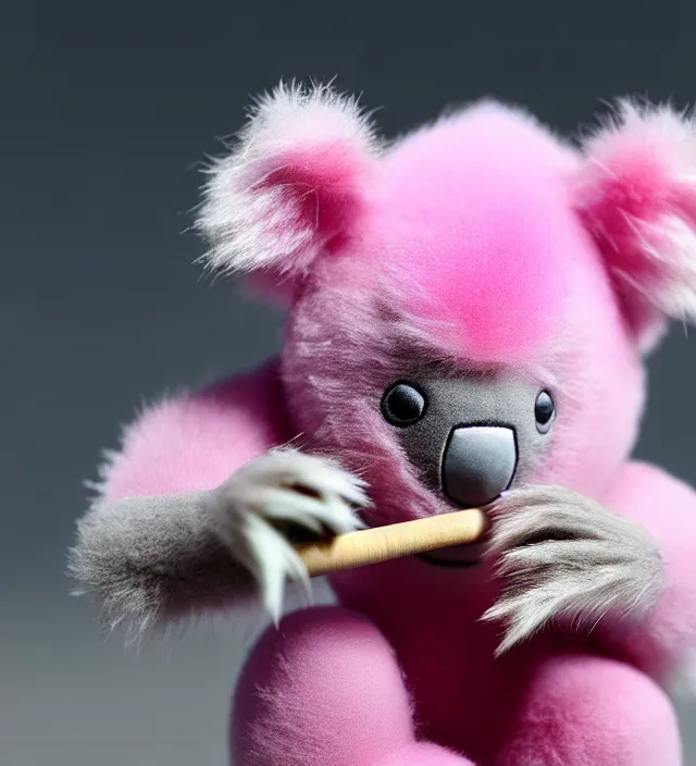 Image similar to high quality 3 d render hyperrealistic very cute small pink koala smoking weed joint, smoke rising from the joint, plush mascot, short spiky dense fluffy smooth hair, photo from the side, pink fluffy fur, 1 5 0 mm, beautiful natural soft light, rim light, vray, smooth background, artstation, ultra detailed